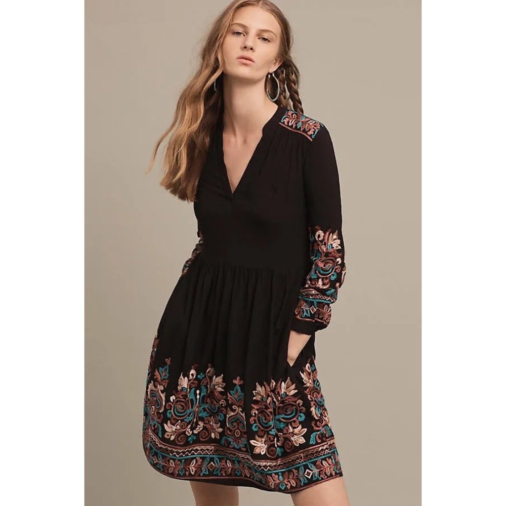 Anthropologie Floreat Avery‎ Embroidered Dress Womens S Bohemian Artist VNeck